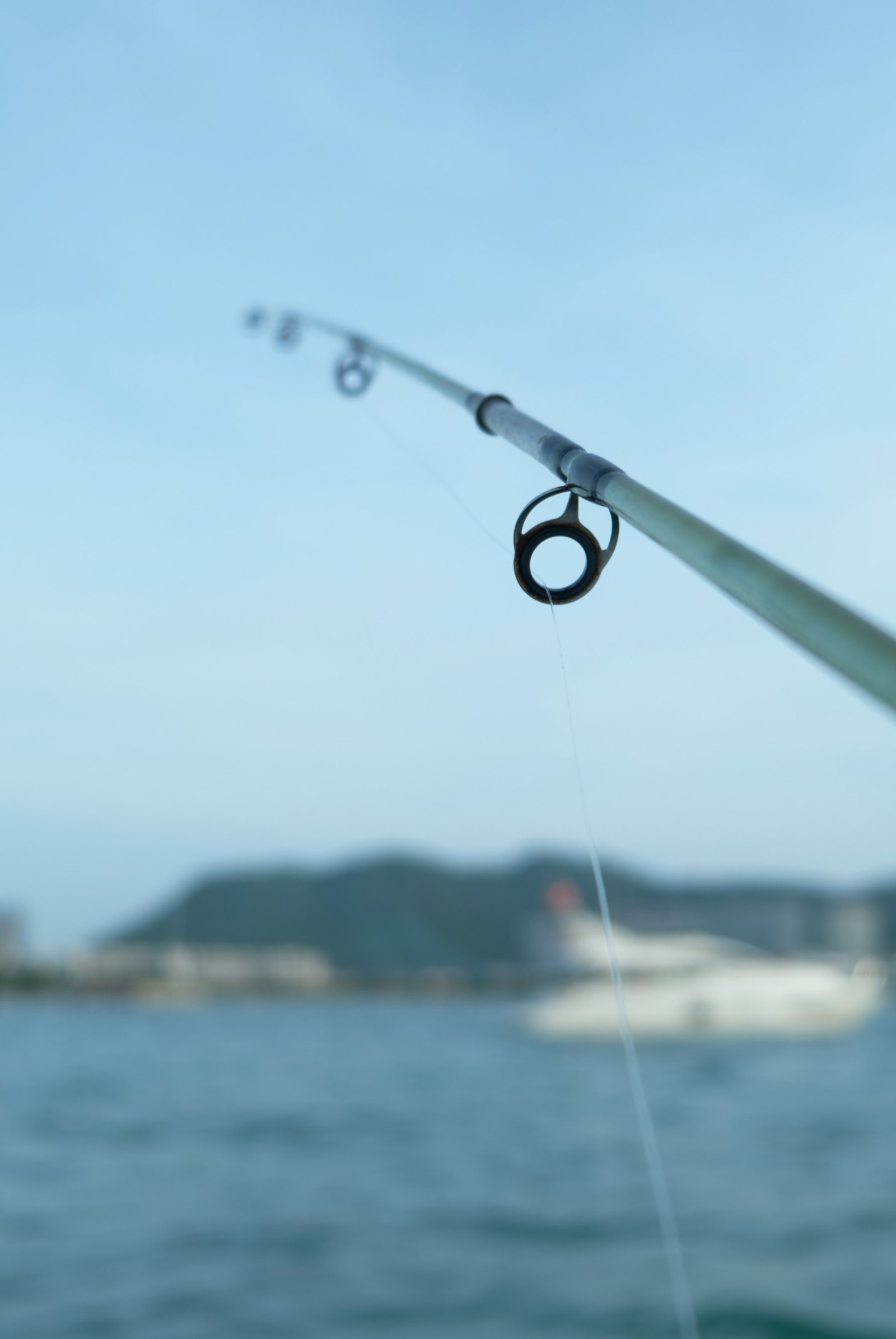 Rod tip and fishing line over calm blue-grey water